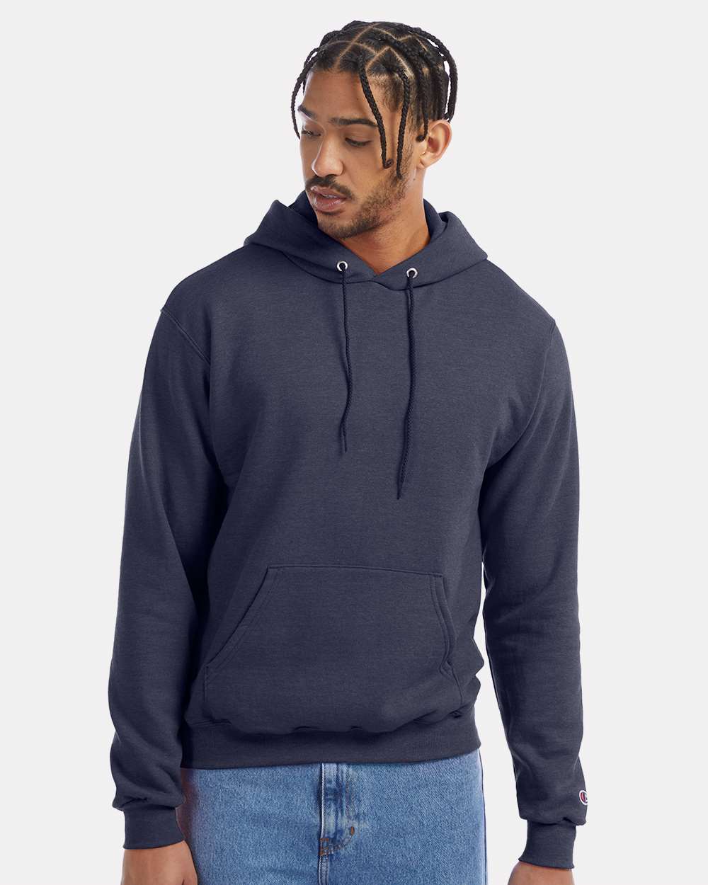 Men's Powerblend® Hooded Sweatshirt - OnModelFront - B22884643 - Navy Heather