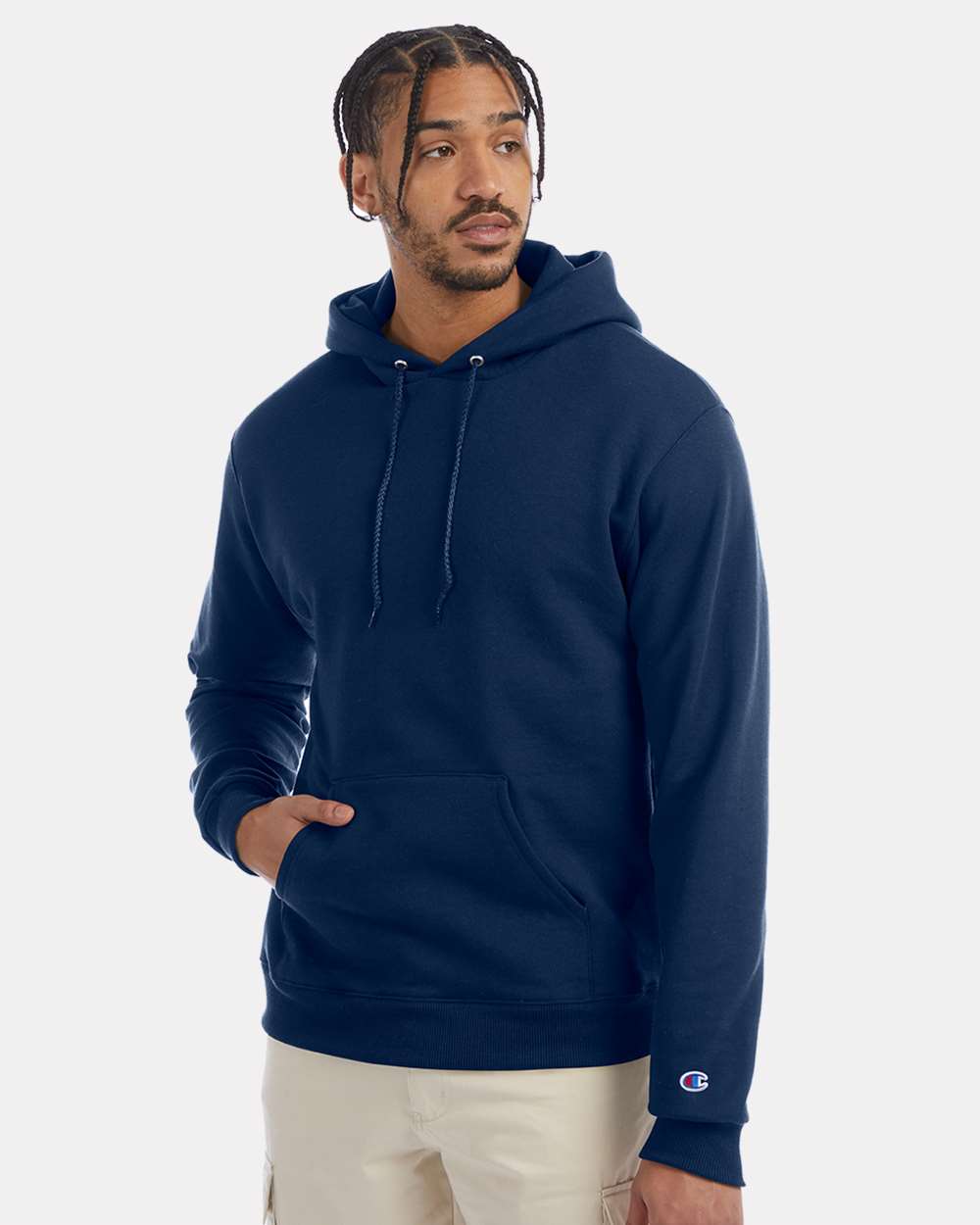 Men's Powerblend® Hooded Sweatshirt - OnModelFront - B22884673 - Late Night Blue