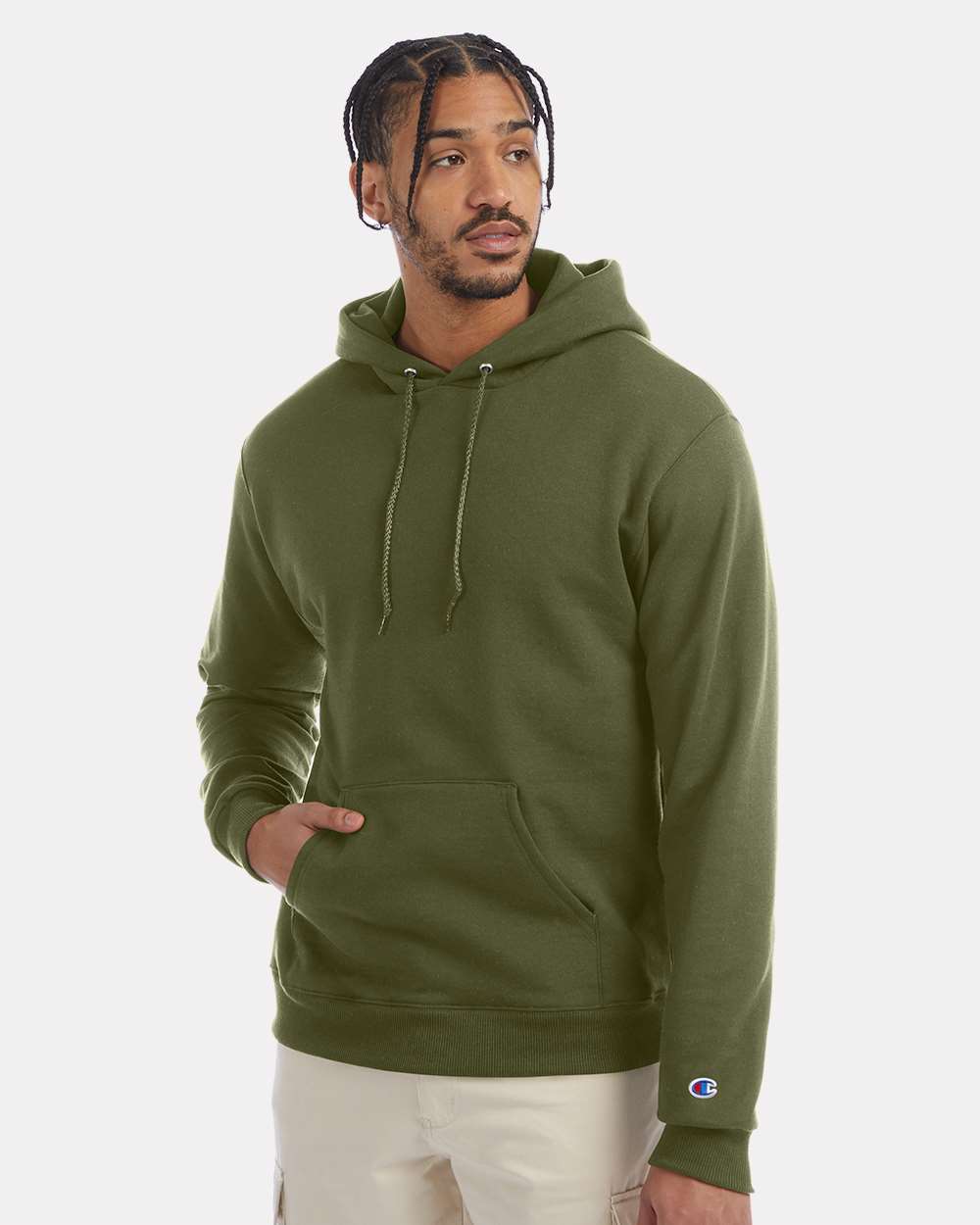 Men's Powerblend® Hooded Sweatshirt - OnModelFront - B22884683 - Fresh Olive