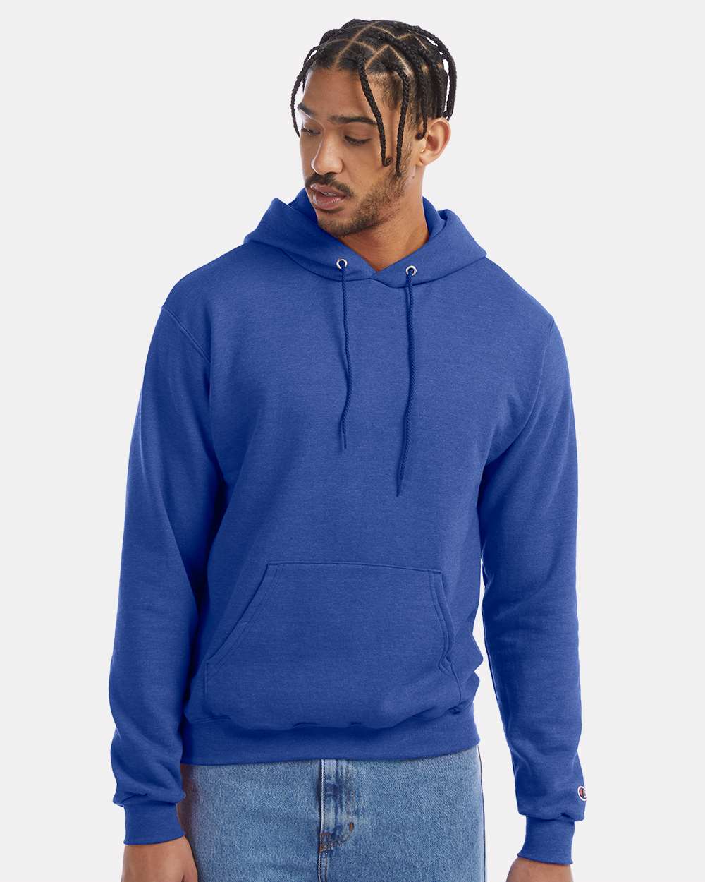 Men's Powerblend® Hooded Sweatshirt - OnModelFront - B22884783 - Royal Blue Heather