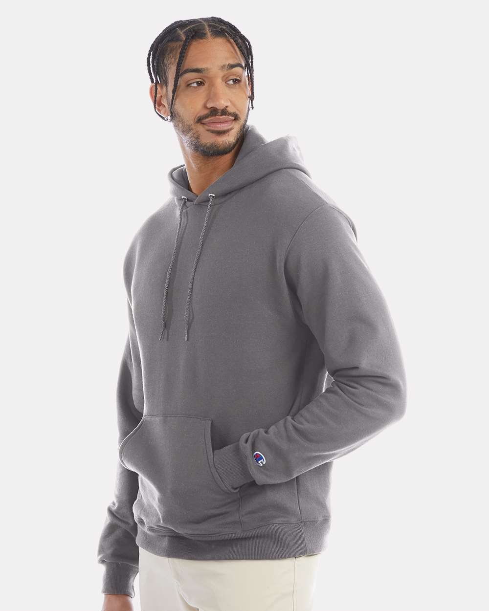 Men's Powerblend® Hooded Sweatshirt - OnModelSide - B22884133 - Stone Grey