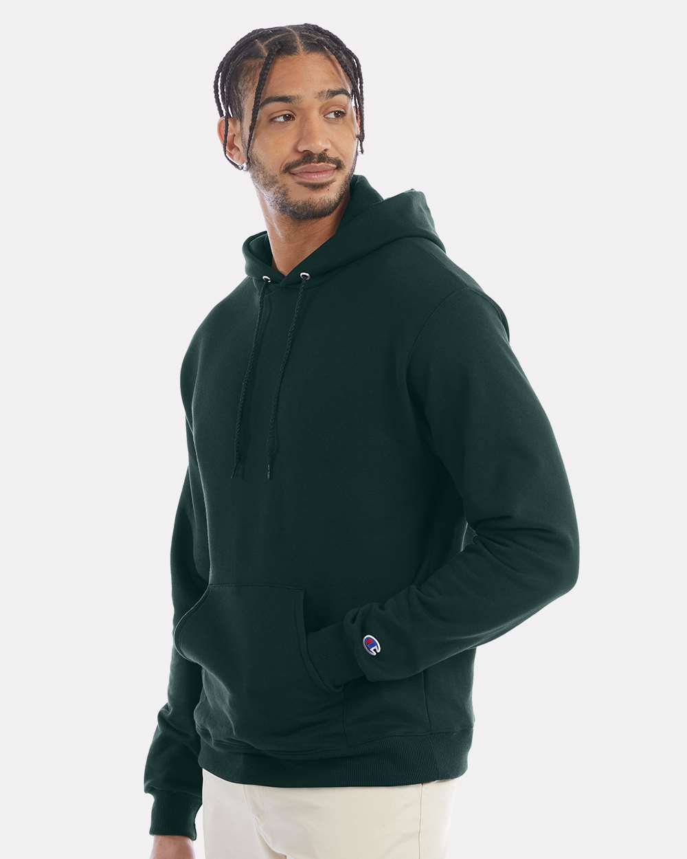 Men's Powerblend® Hooded Sweatshirt - OnModelSide - B22884193 - Dark Green