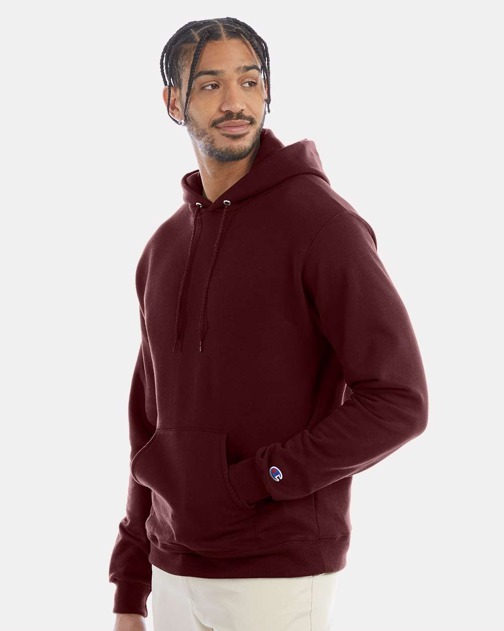 Men's Powerblend® Hooded Sweatshirt - OnModelSide - B22884533 - Maroon