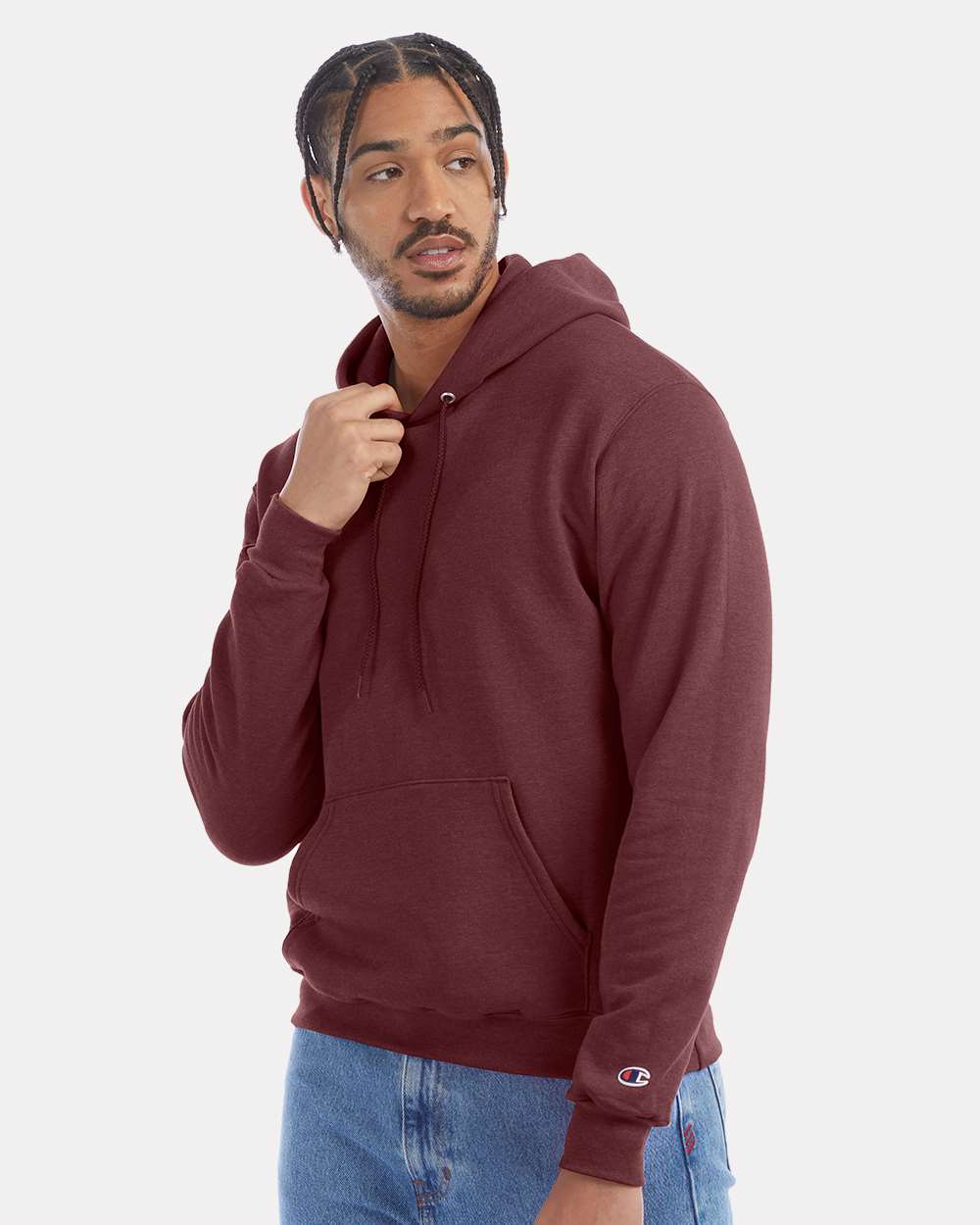 Men's Powerblend® Hooded Sweatshirt - OnModelSide - B22884543 - Maroon Heather