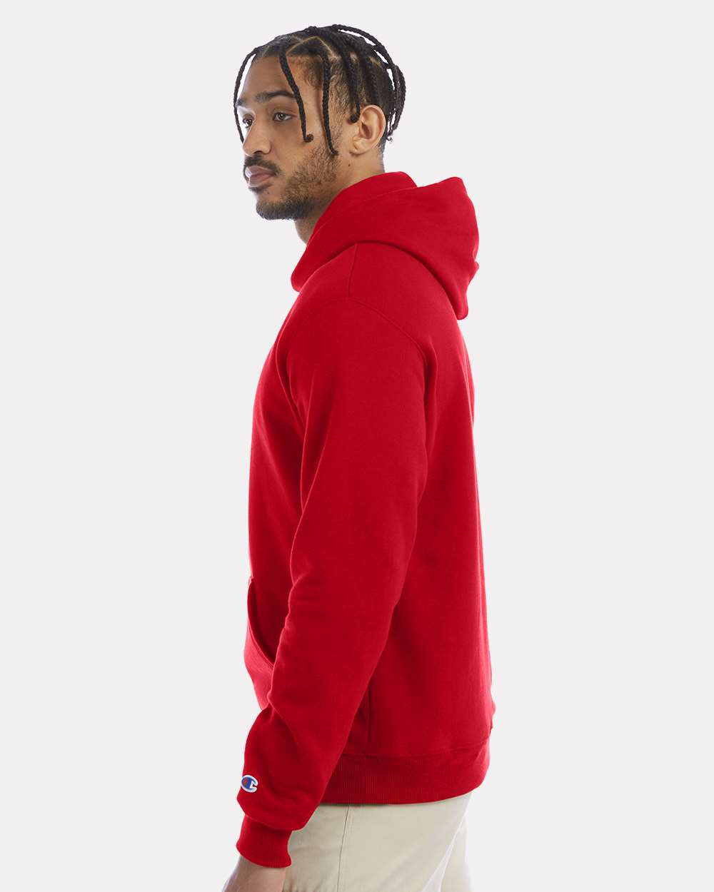 Men's Powerblend® Hooded Sweatshirt - OnModelSide - B22884703 - Scarlet