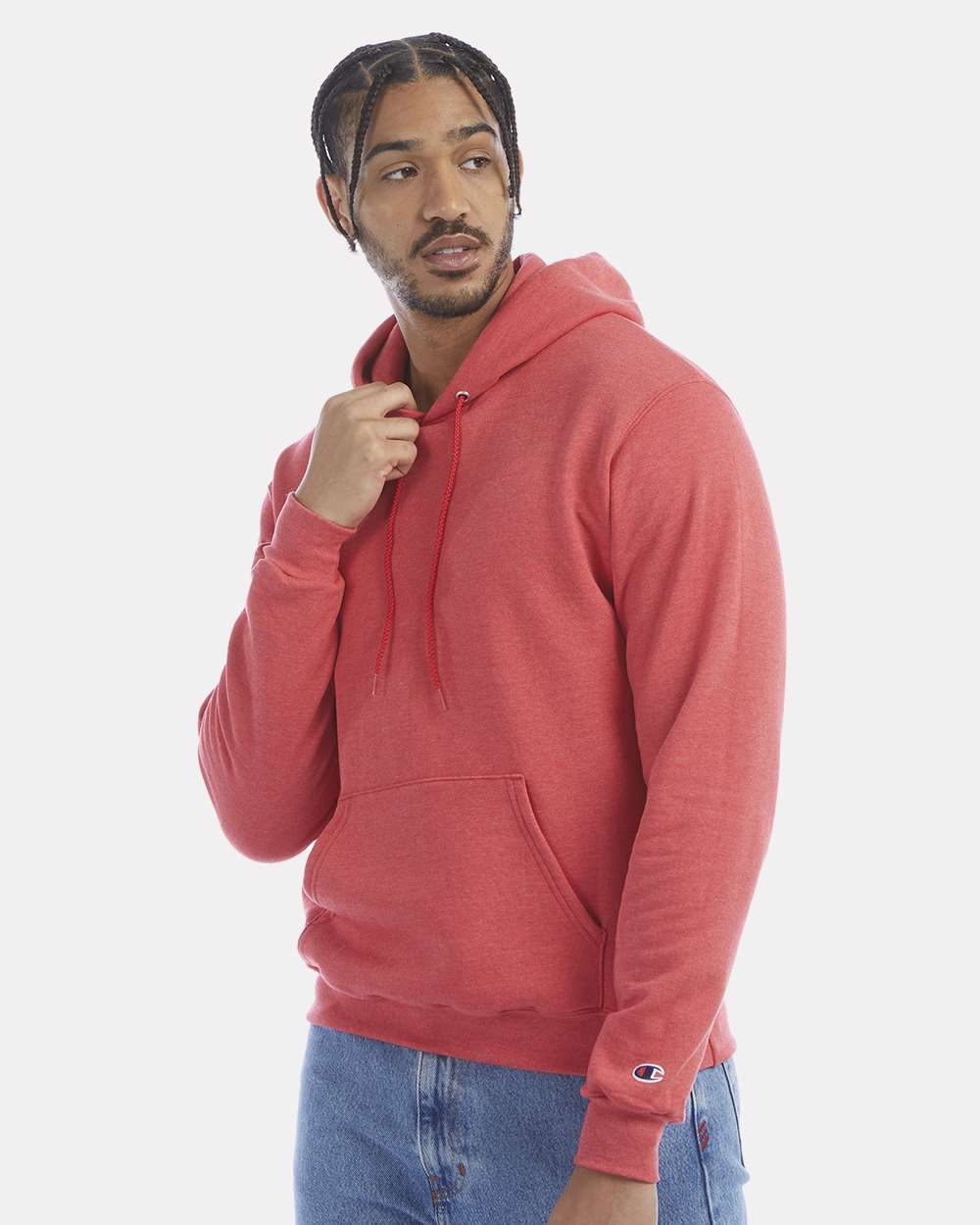 Men's Powerblend® Hooded Sweatshirt - OnModelSide - B22884713 - Scarlet Heather