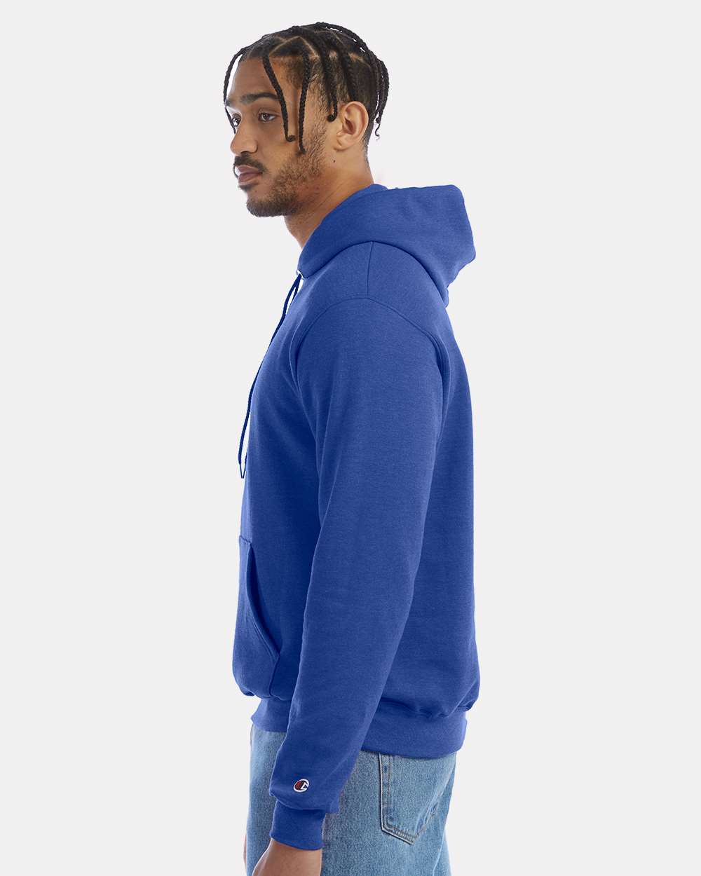 Men's Powerblend® Hooded Sweatshirt - OnModelSide - B22884783 - Royal Blue Heather