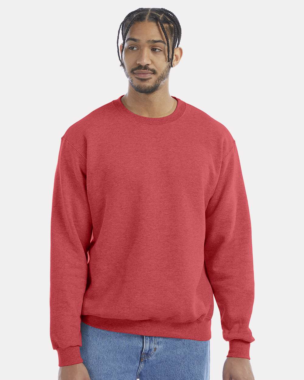 Men's Powerblend® Crewneck Sweatshirt - OnModelFront - B21284717 - Scarlet Heather