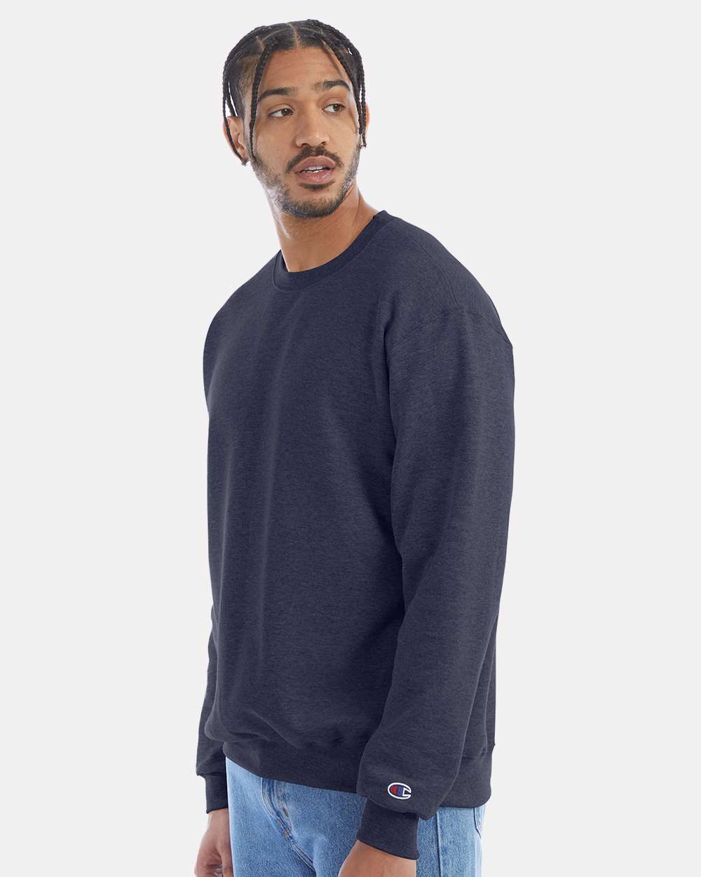 Men's Powerblend® Crewneck Sweatshirt - OnModelSide - B21284643 - Navy Heather