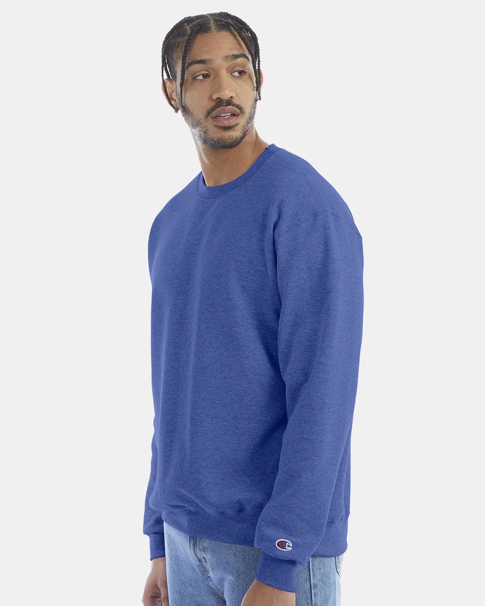 Men's Powerblend® Crewneck Sweatshirt - OnModelSide - B21284783 - Royal Blue Heather