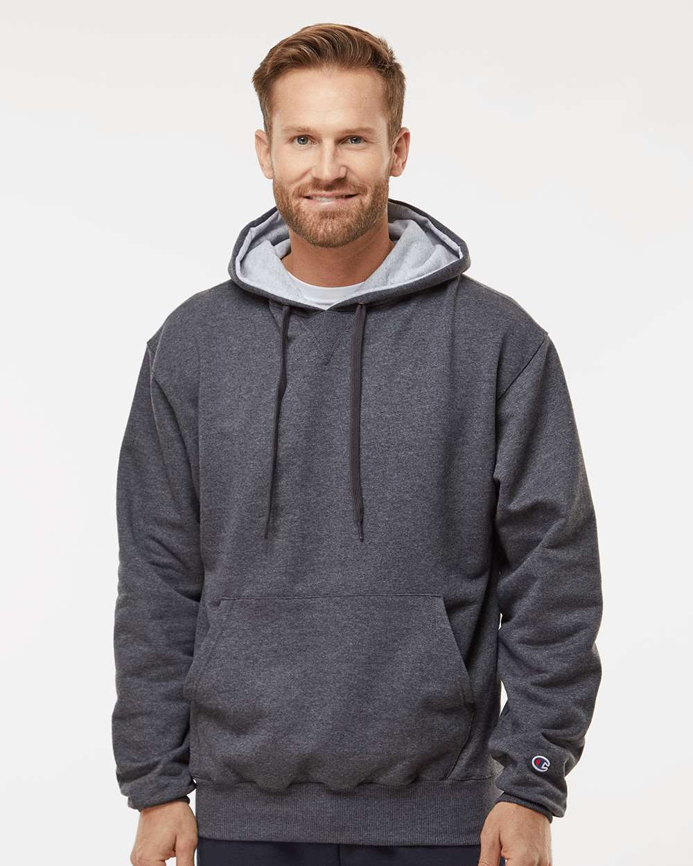 Men's Cotton Max Hooded Sweatshirt - OnModelFront - B21584093 - Charcoal Heather
