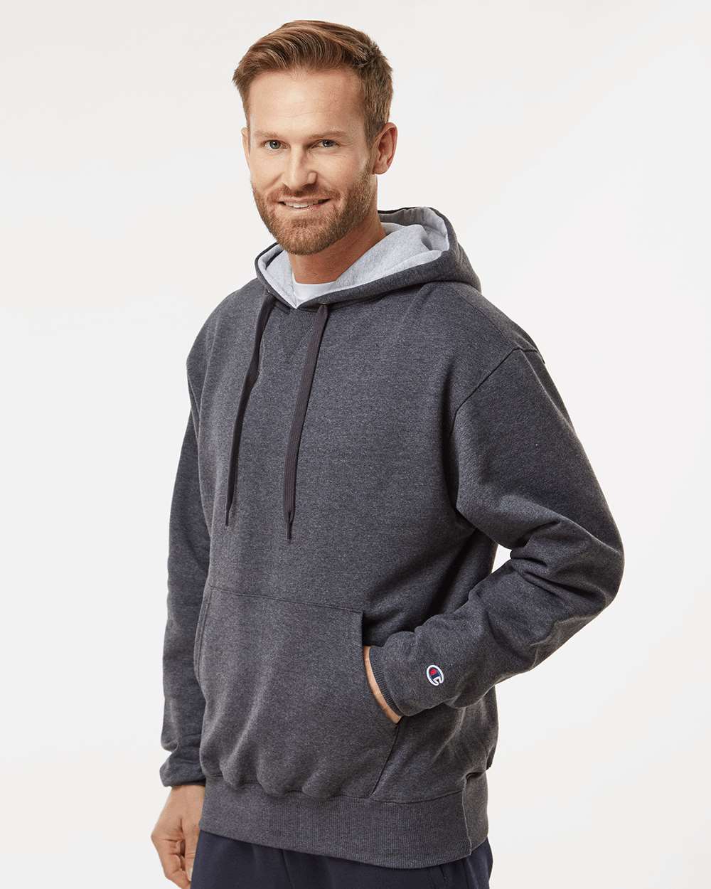 Men's Cotton Max Hooded Sweatshirt - OnModelSide - B21584093 - Charcoal Heather
