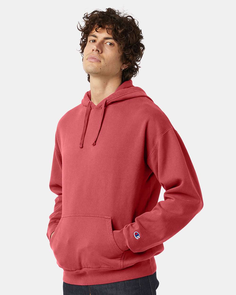 Unisex Garment-Dyed Hooded Sweatshirt - OnModelSide - B00584703 - Crimson