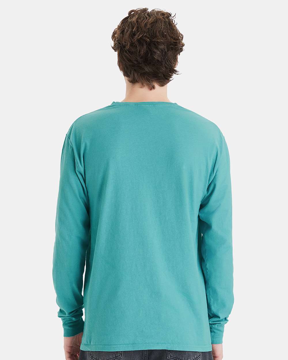 Unisex Garment-Dyed Long Sleeve T-Shirt With a Pocket - OnModelBack - B35400293 - Spanish Moss