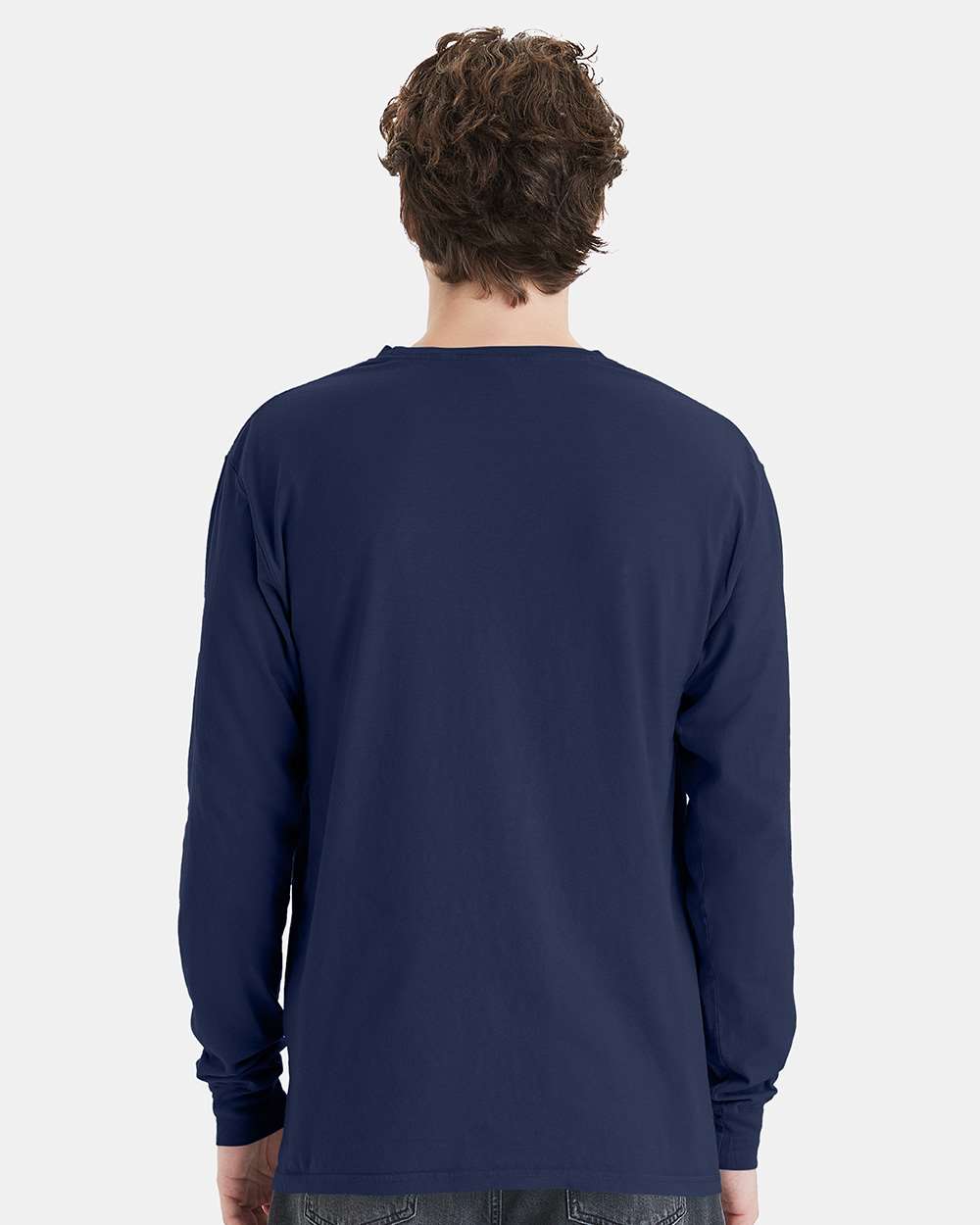 Unisex Garment-Dyed Long Sleeve T-Shirt With a Pocket - OnModelBack - B35400653 - Navy