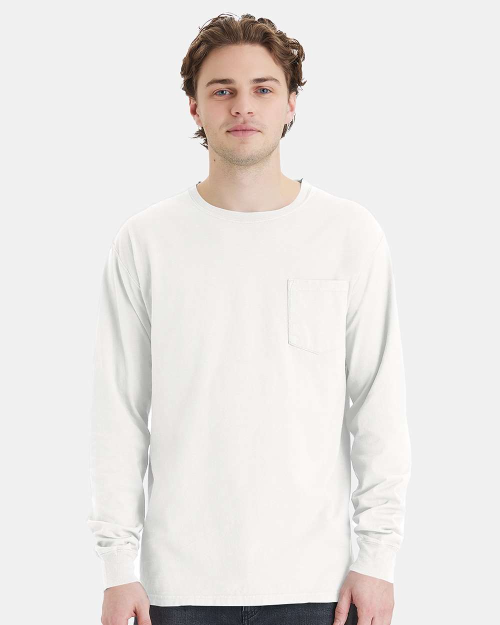 Unisex Garment-Dyed Long Sleeve T-Shirt With a Pocket - OnModelFront - B35400003 - White