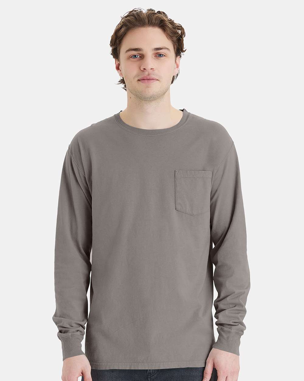 Unisex Garment-Dyed Long Sleeve T-Shirt With a Pocket - OnModelFront - B35400133 - Concrete Grey