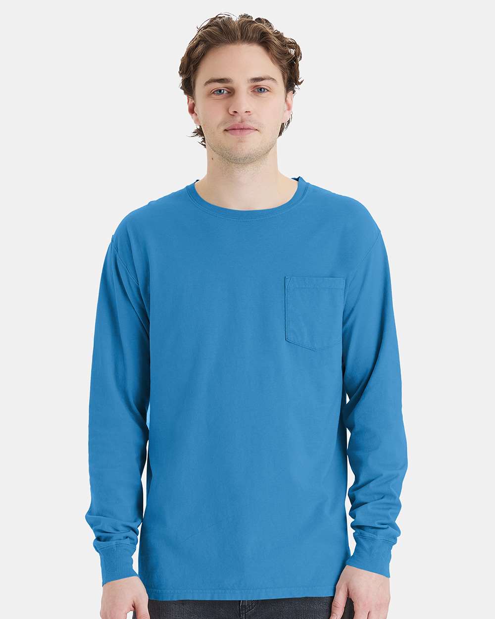 Unisex Garment-Dyed Long Sleeve T-Shirt With a Pocket - OnModelFront - B35400253 - Summer Sky Blue