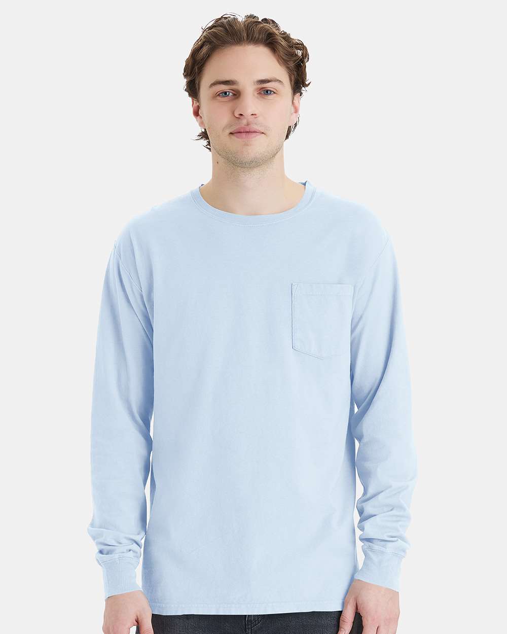 Unisex Garment-Dyed Long Sleeve T-Shirt With a Pocket - OnModelFront - B35400265 - Soothing Blue