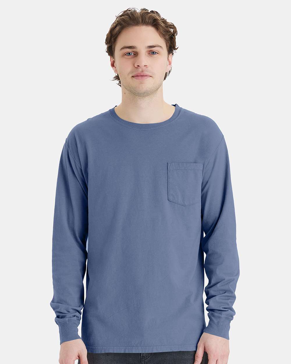 Unisex Garment-Dyed Long Sleeve T-Shirt With a Pocket - OnModelFront - B35400283 - Saltwater
