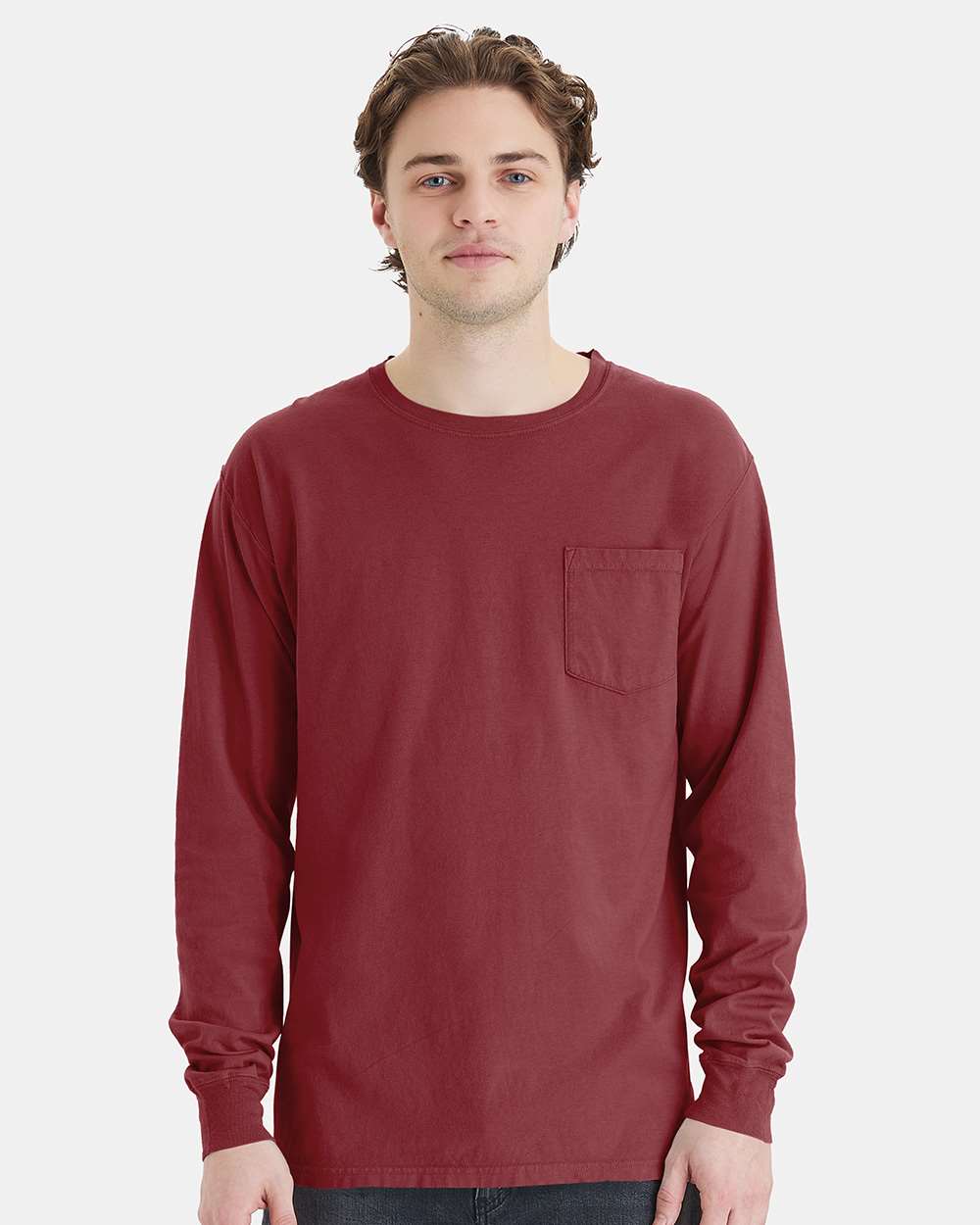 Unisex Garment-Dyed Long Sleeve T-Shirt With a Pocket - OnModelFront - B35400323 - Cayenne