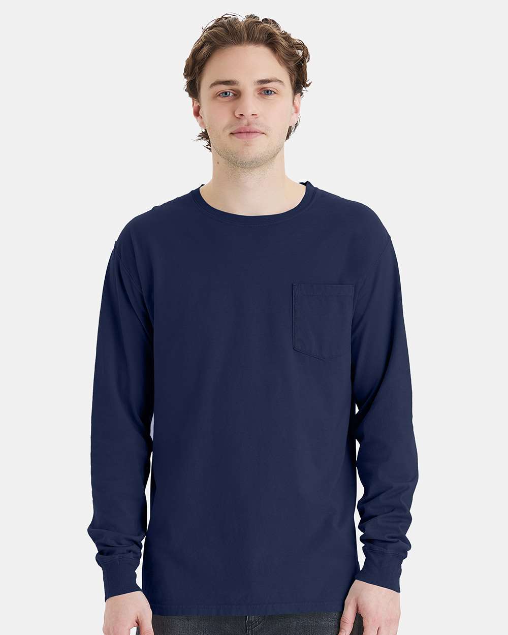 Unisex Garment-Dyed Long Sleeve T-Shirt With a Pocket - OnModelFront - B35400653 - Navy