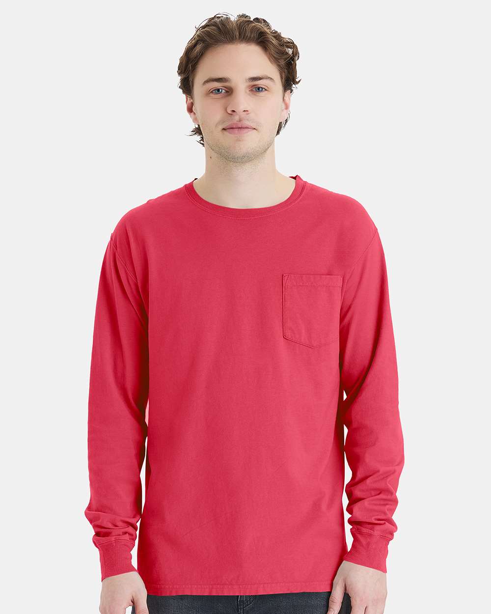 Unisex Garment-Dyed Long Sleeve T-Shirt With a Pocket - OnModelFront - B35400703 - Crimson Fall