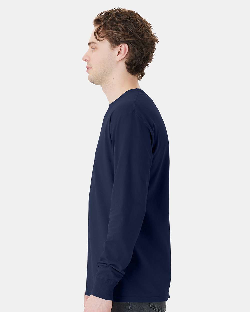 Unisex Garment-Dyed Long Sleeve T-Shirt With a Pocket - OnModelSide - B35400653 - Navy