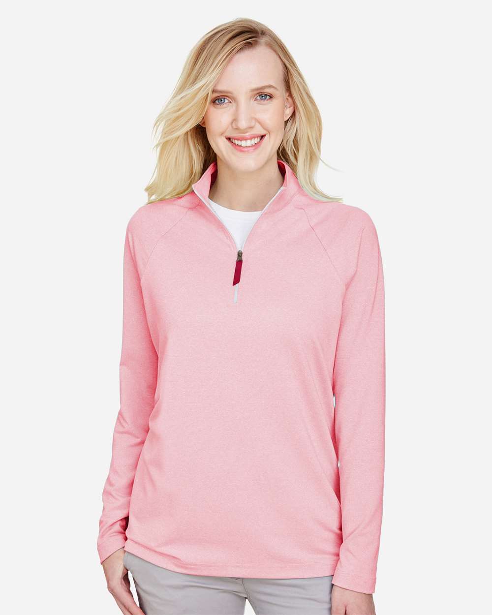 Women's CrownLux Performance® Clubhouse Micro-Stripe Quarter-Zip Pullover - OnModelFront - B663B2702 - Red