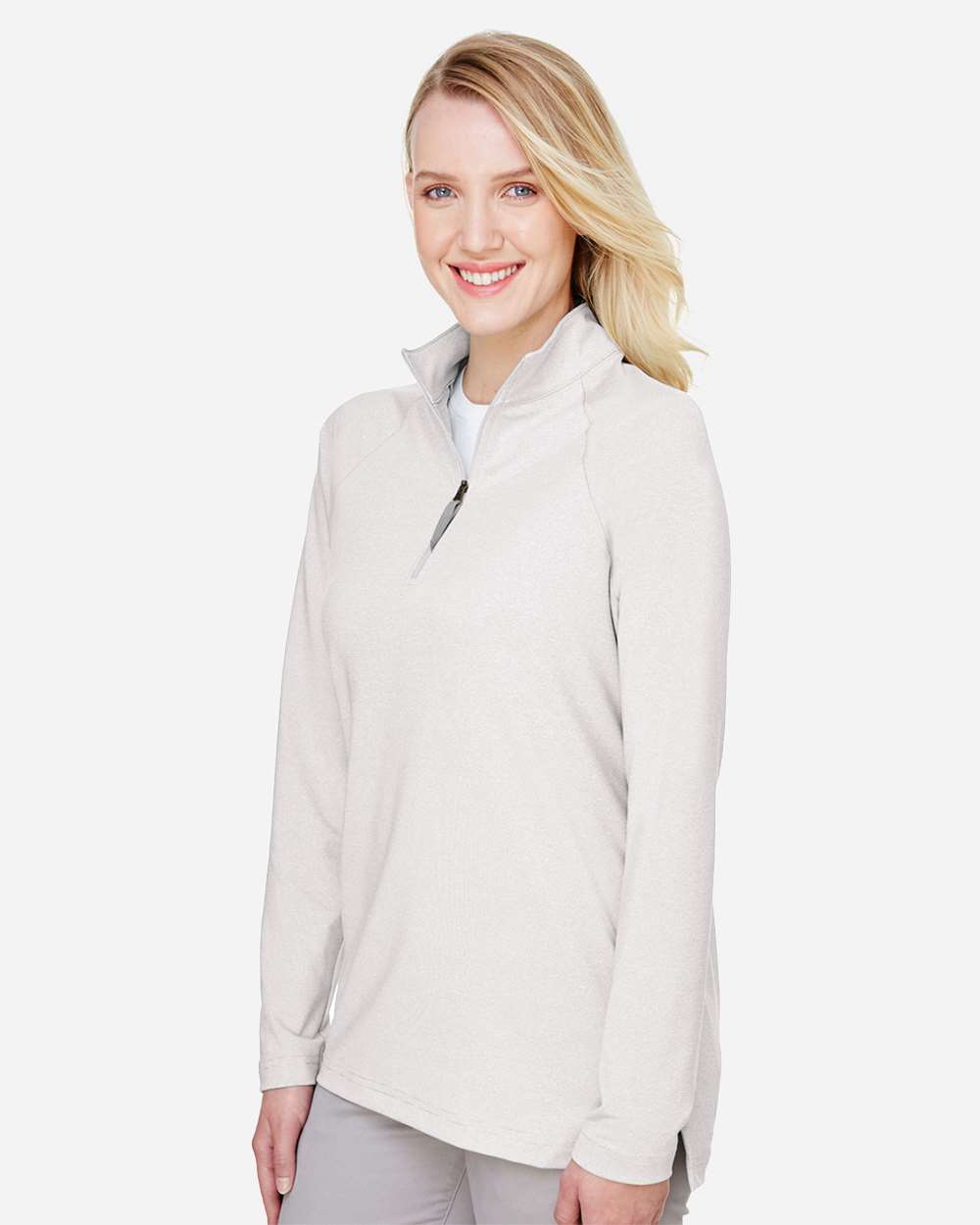 Women's CrownLux Performance® Clubhouse Micro-Stripe Quarter-Zip Pullover - OnModelSide - B663B2352 - Silver