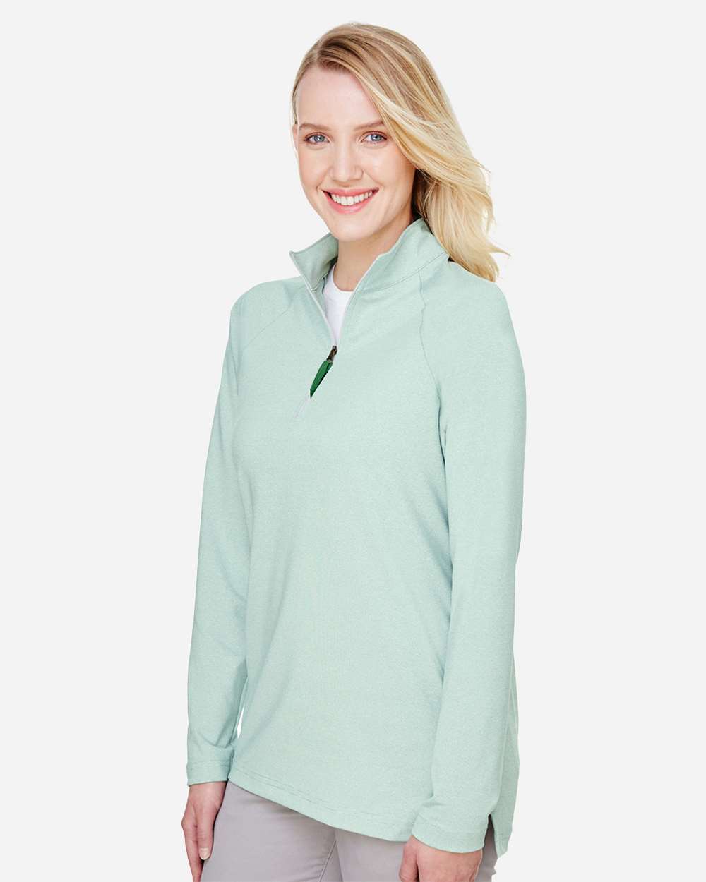 Women's CrownLux Performance® Clubhouse Micro-Stripe Quarter-Zip Pullover - OnModelSide - B663B2602 - Kelly Green
