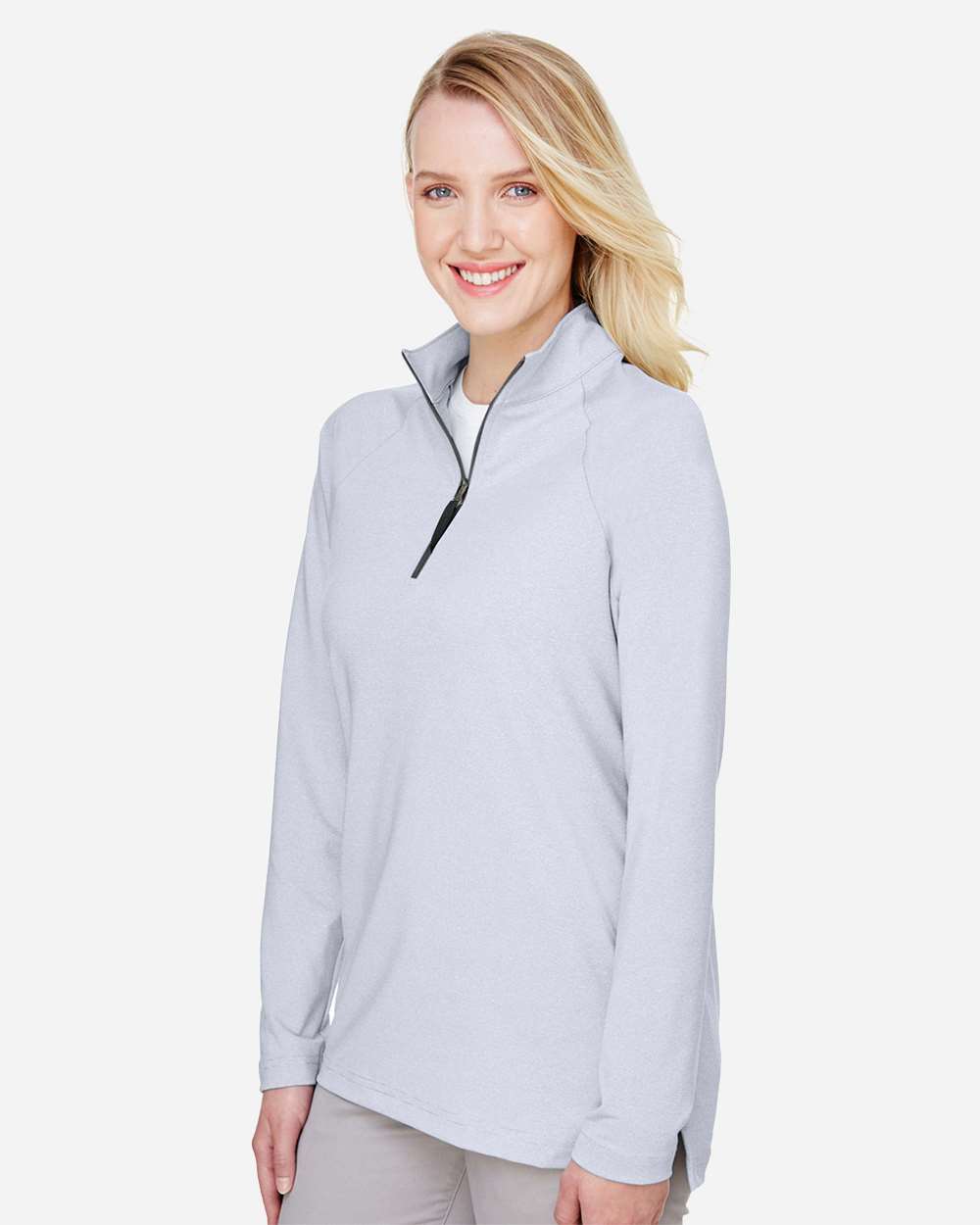 Women's CrownLux Performance® Clubhouse Micro-Stripe Quarter-Zip Pullover - OnModelSide - B663B2652 - Navy