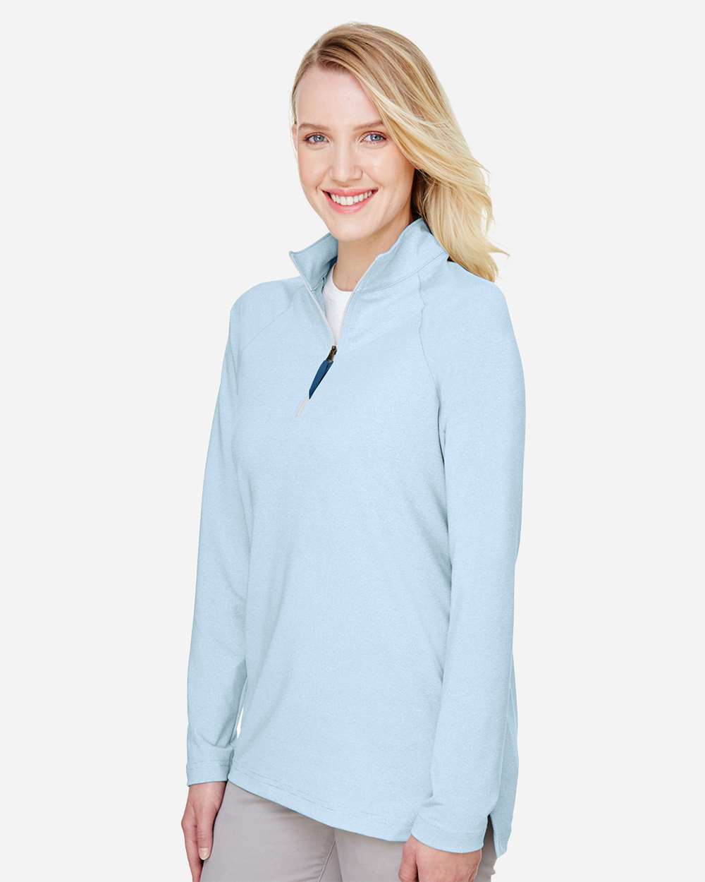 Women's CrownLux Performance® Clubhouse Micro-Stripe Quarter-Zip Pullover - OnModelSide - B663B2682 - Ocean Blue