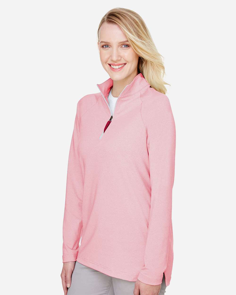 Women's CrownLux Performance® Clubhouse Micro-Stripe Quarter-Zip Pullover - OnModelSide - B663B2702 - Red