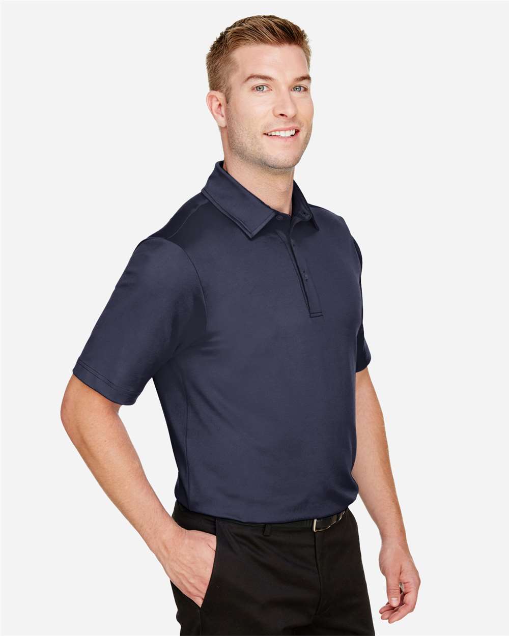 Men's CrownLux Performance® Range Flex Polo - OnModelSide - B643B2653 - Navy