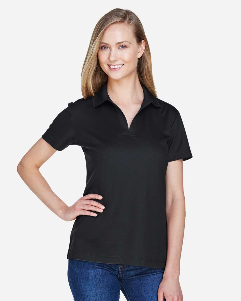 Women's CrownLux Performance® Plaited Polo - OnModelFront - B640B2502 - Black