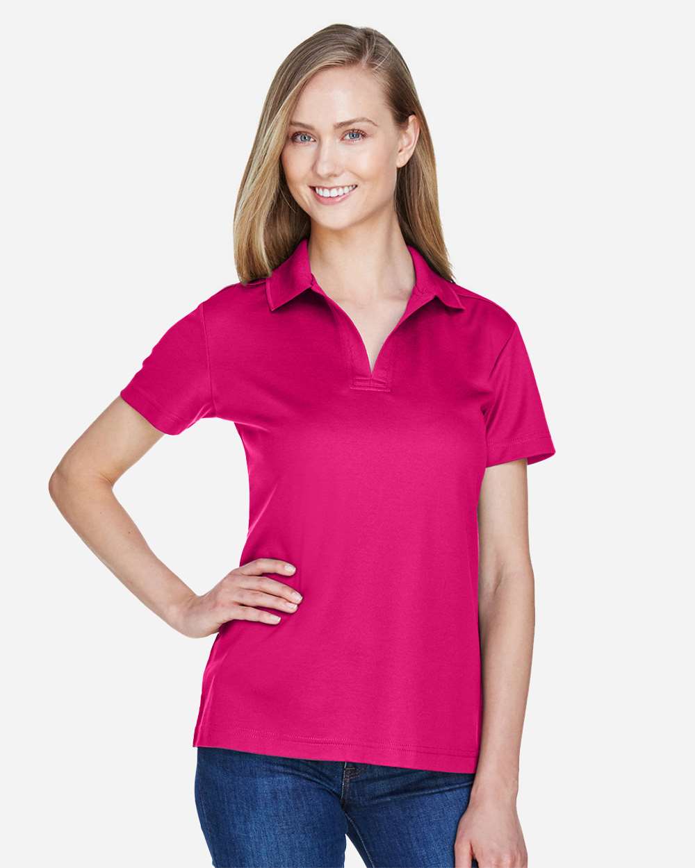 Women's CrownLux Performance® Plaited Polo - OnModelFront - B640B2692 - Crown Raspberry