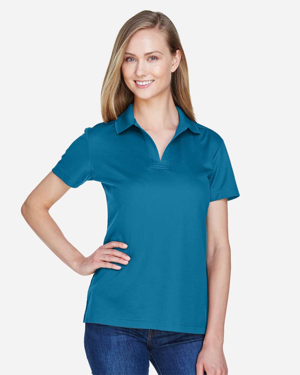 Women's CrownLux Performance® Plaited Polo - OnModelFront - B640B2782 - Dark Teal