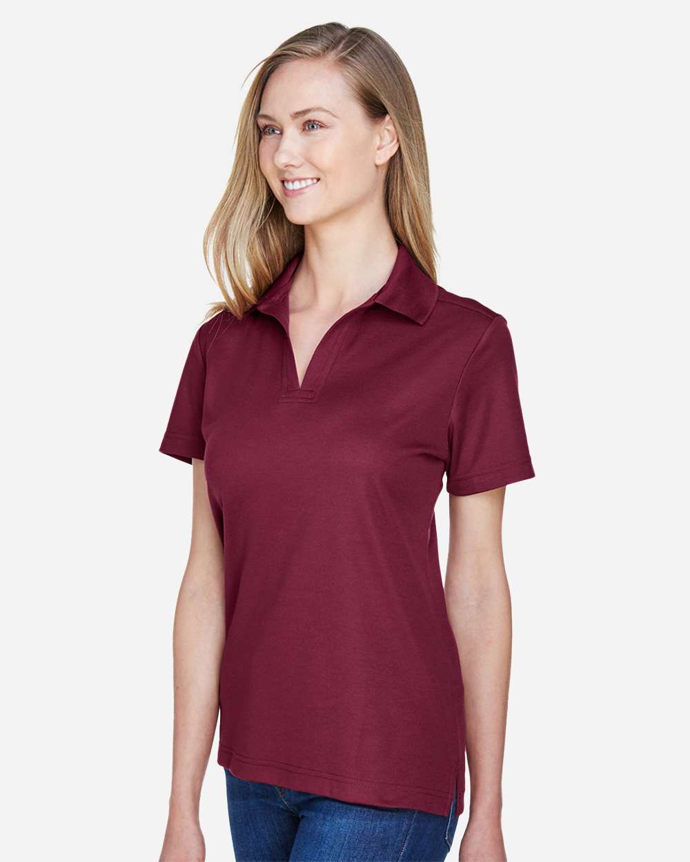 Women's CrownLux Performance® Plaited Polo - OnModelSide - B640B2322 - Burgundy