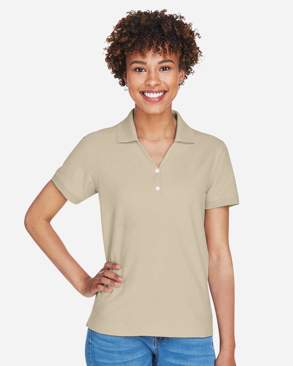 Women's Pima Piqué Polo - OnModelFront - B592B2732 - Stone