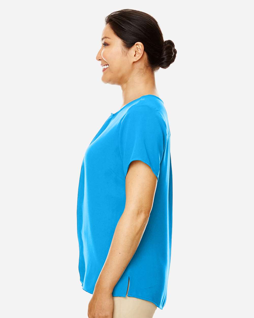 Women's Perfect Fit™ Crepe Blouse - OnModelSide - B730B2682 - Ocean Blue