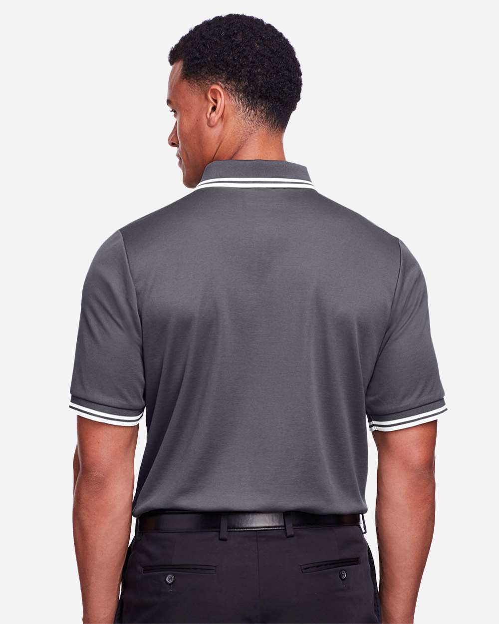 Men's CrownLux Performance® Plaited Tipped Polo - OnModelBack - B633B2133 - Graphite/ White