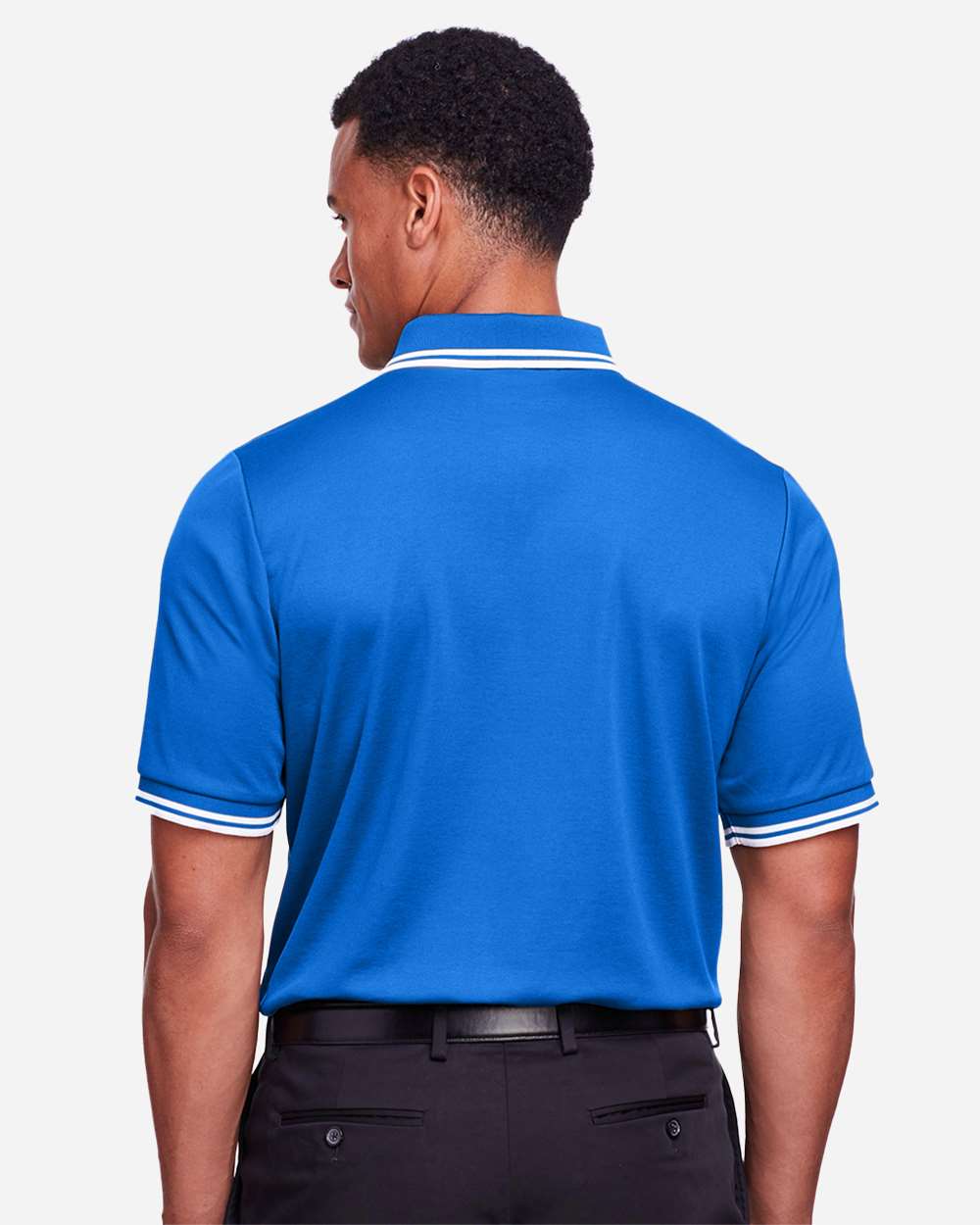 Men's CrownLux Performance® Plaited Tipped Polo - OnModelBack - B633B2253 - French Blue/ White