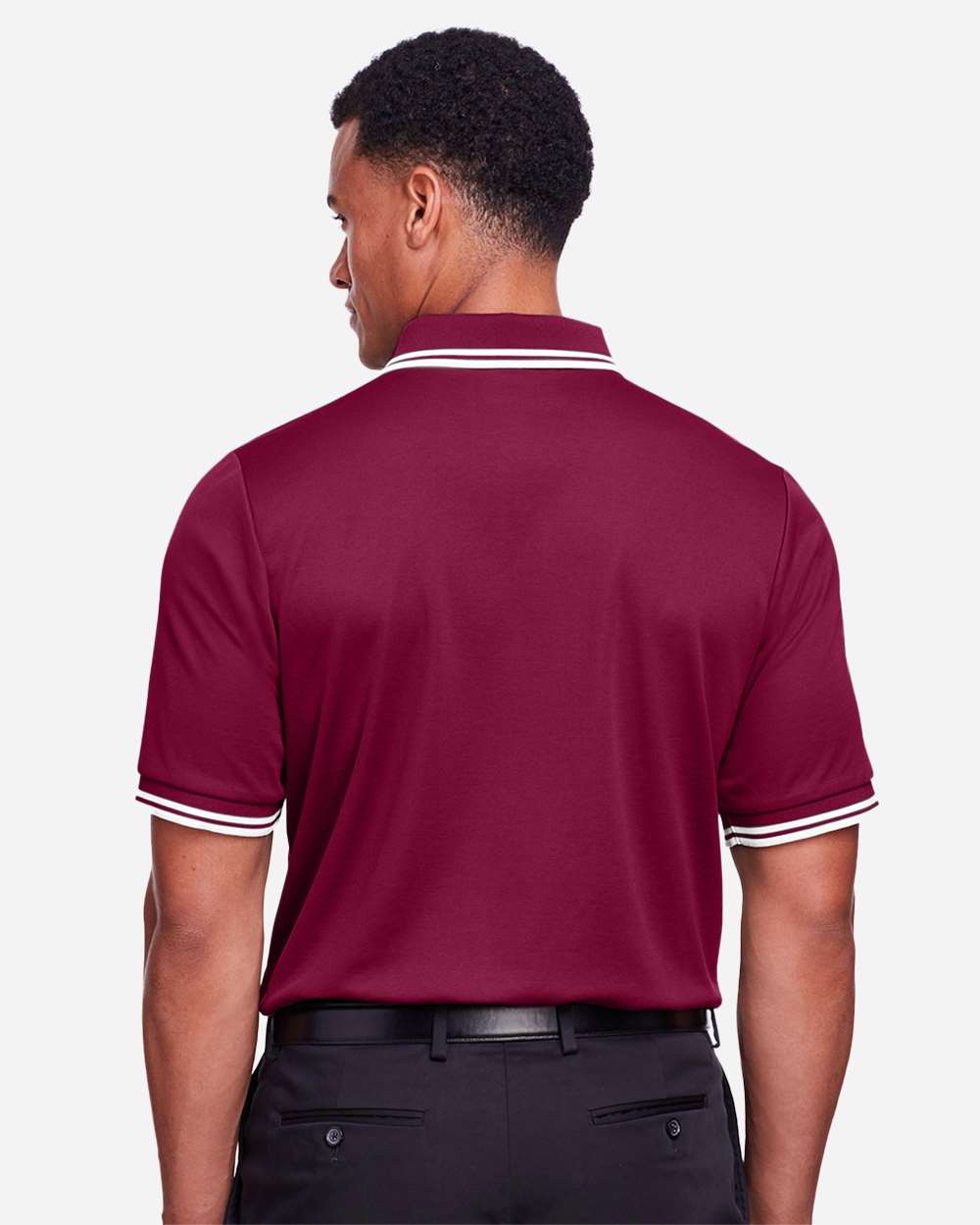 Men's CrownLux Performance® Plaited Tipped Polo - OnModelBack - B633B2323 - Burgundy/ White