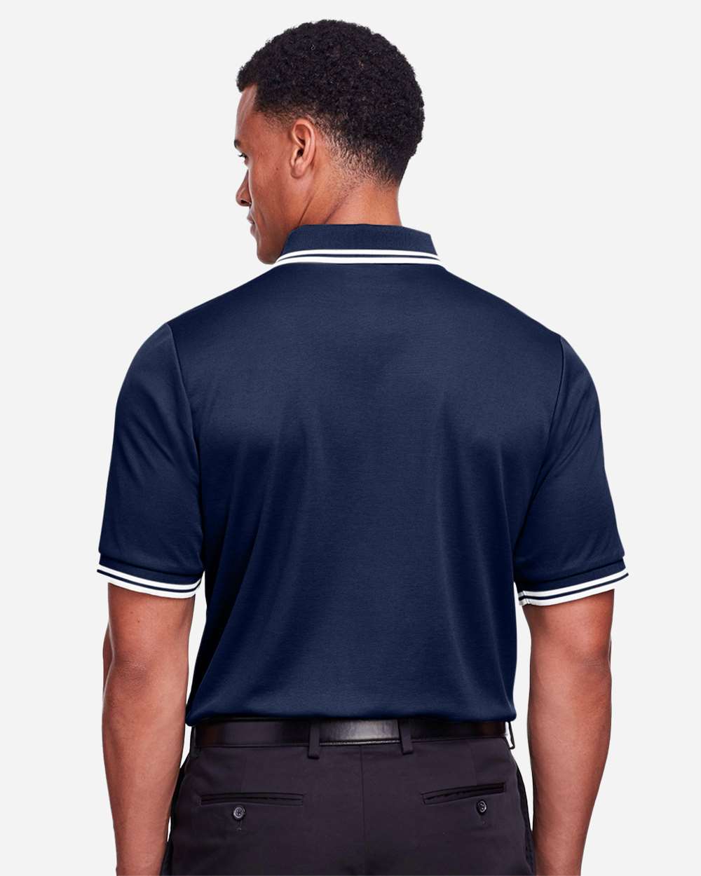 Men's CrownLux Performance® Plaited Tipped Polo - OnModelBack - B633B2653 - Navy/ White