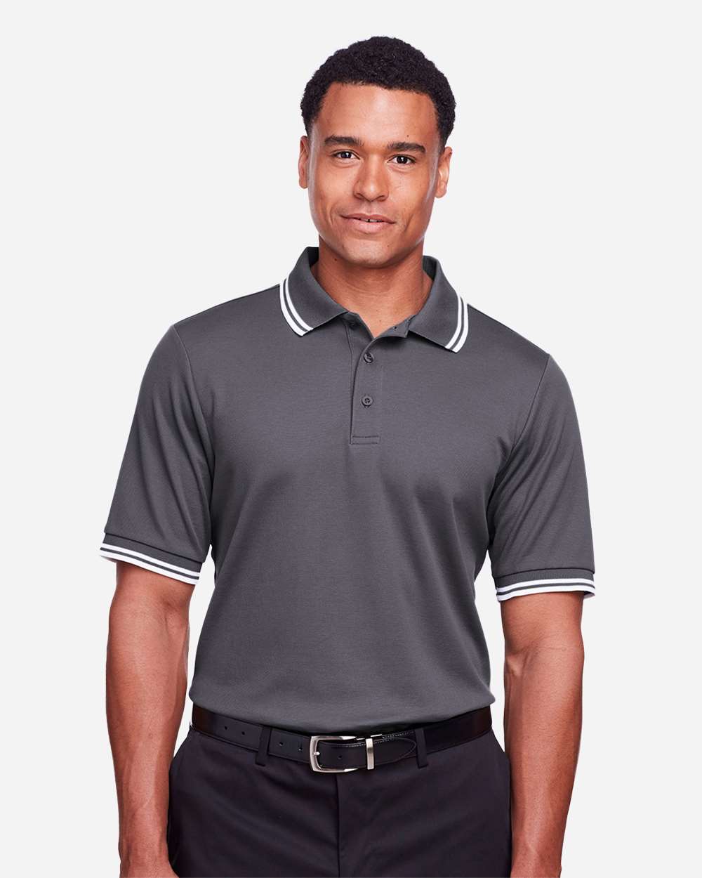 Men's CrownLux Performance® Plaited Tipped Polo - OnModelFront - B633B2133 - Graphite/ White