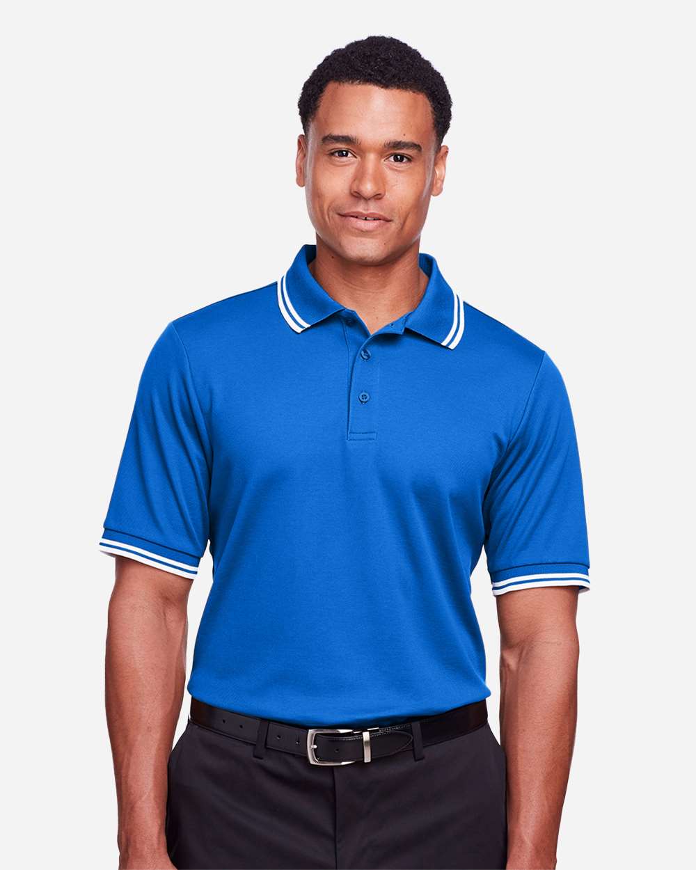 Men's CrownLux Performance® Plaited Tipped Polo - OnModelFront - B633B2253 - French Blue/ White