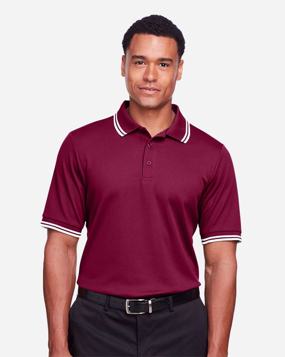 Men's CrownLux Performance® Plaited Tipped Polo - OnModelFront - B633B2323 - Burgundy/ White