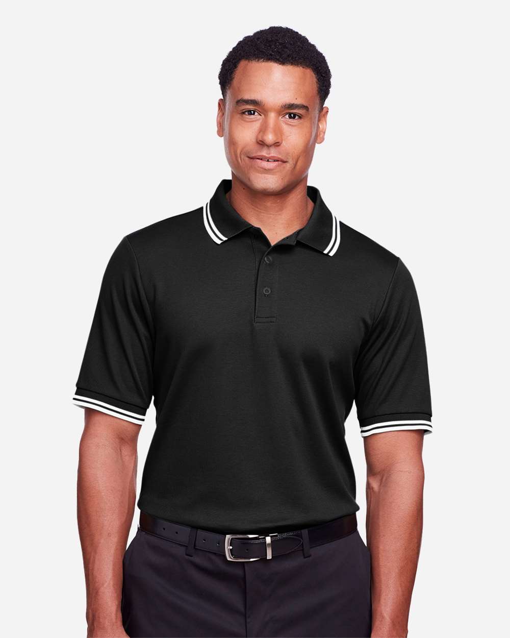 Men's CrownLux Performance® Plaited Tipped Polo - OnModelFront - B633B2503 - Black/ White