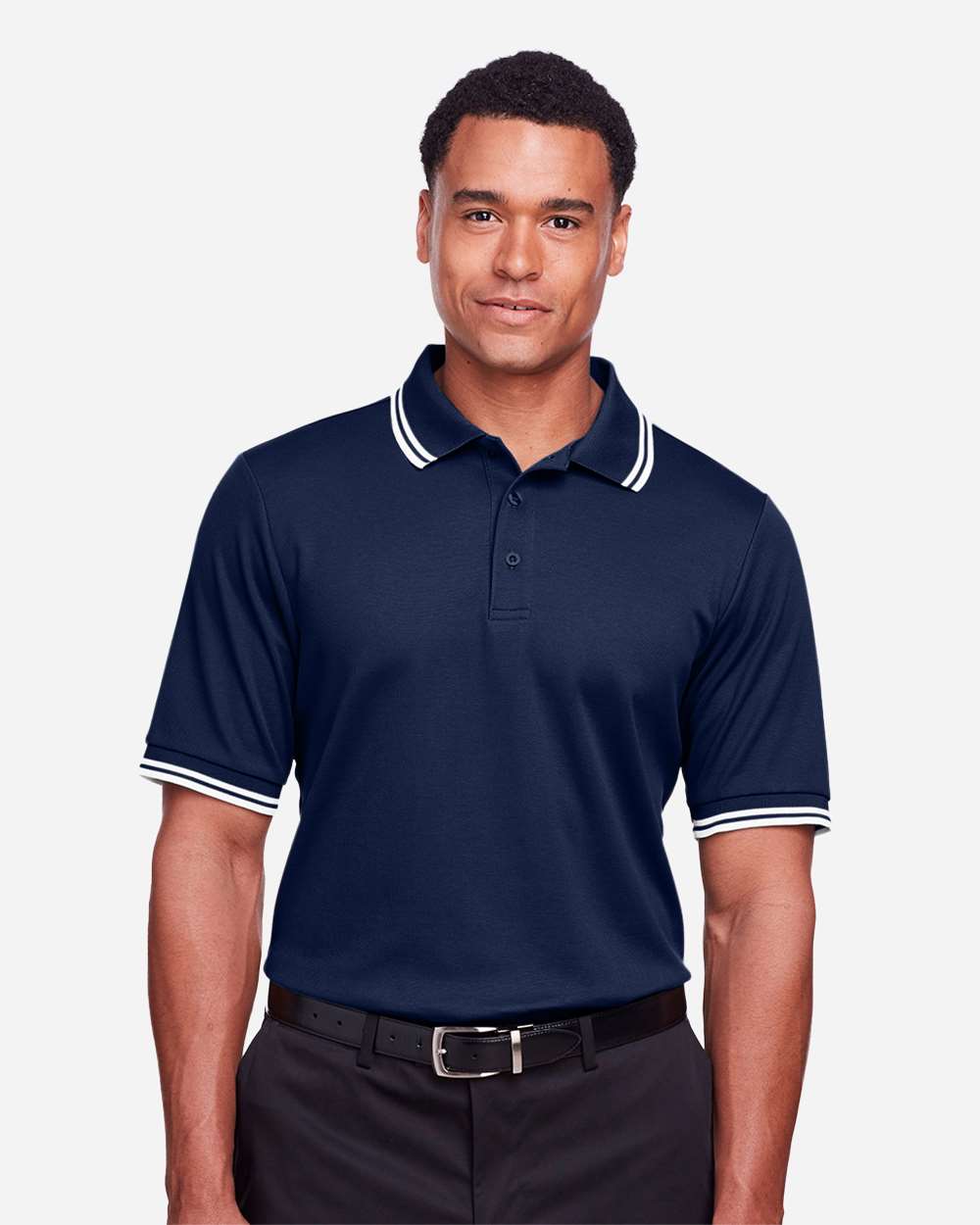 Men's CrownLux Performance® Plaited Tipped Polo - OnModelFront - B633B2653 - Navy/ White